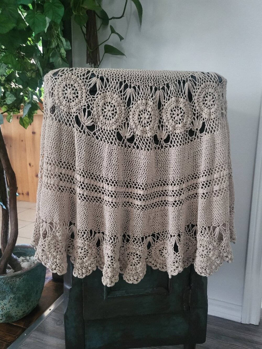 Vintage 70s Handmade Crochet Cotton Round Tablecloth Lace Beige 55"